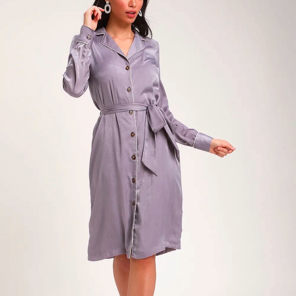 Elise Lavender Satin Long Sleeve Midi Shirt Dress